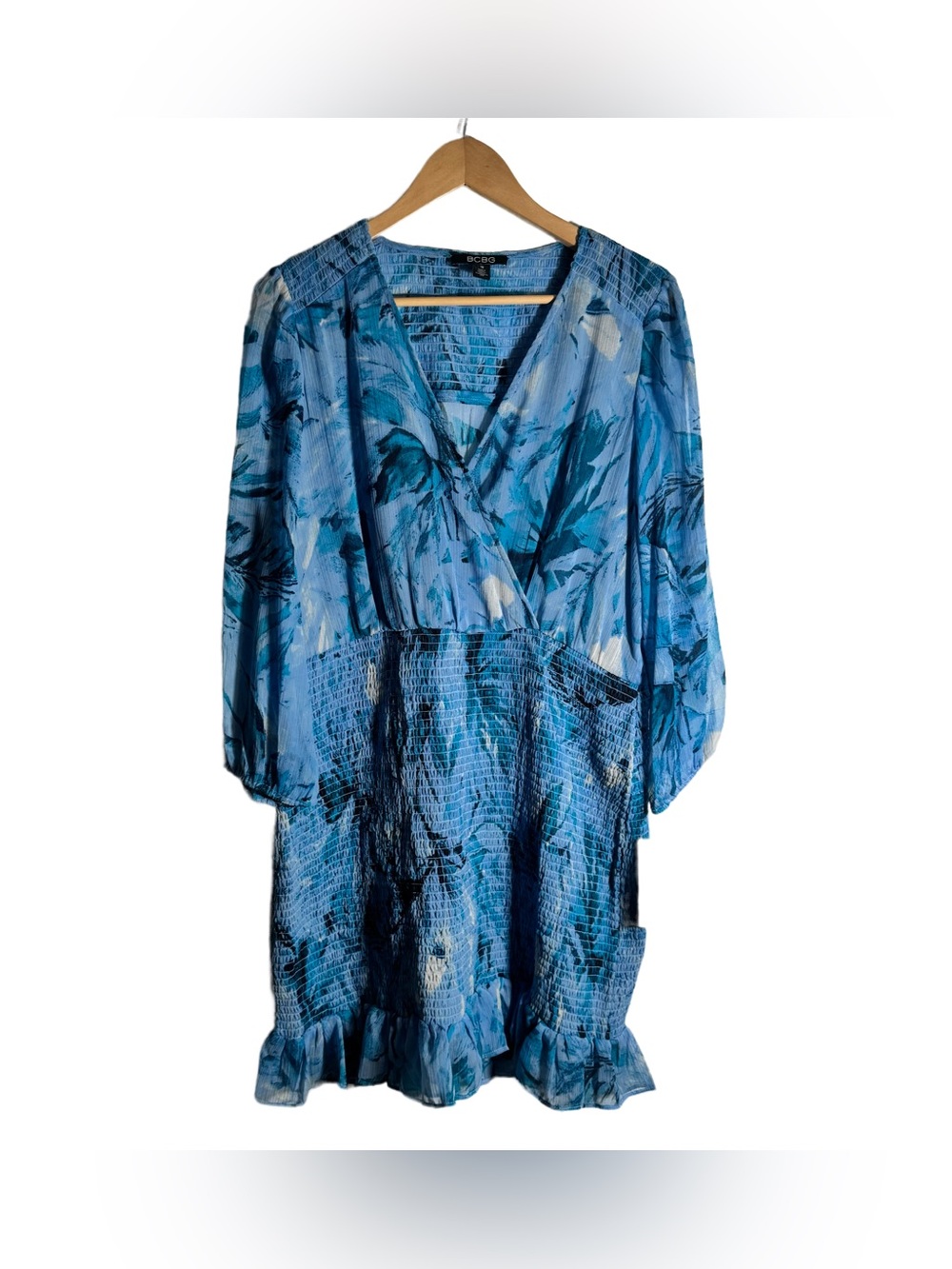 BCBG Floral Chiffon Mini Dress Women's 16 Smocked Long Sleeve Blue Printed NWT - Picture 4 of 7